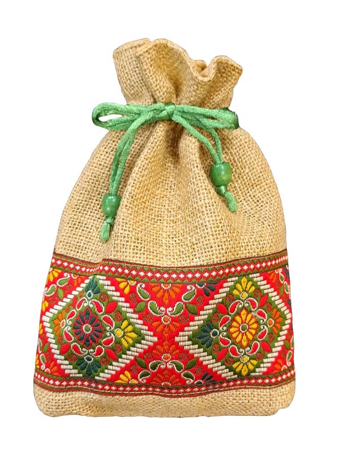 Fabjute حقائب بوتلي من الجوت الطبيعي من فابجوت مع بطانة للهدايا التذكارية (5 قطع، كل قطعة 9 × 7 بوصات) (حافة زاري خضراء) - Image 1